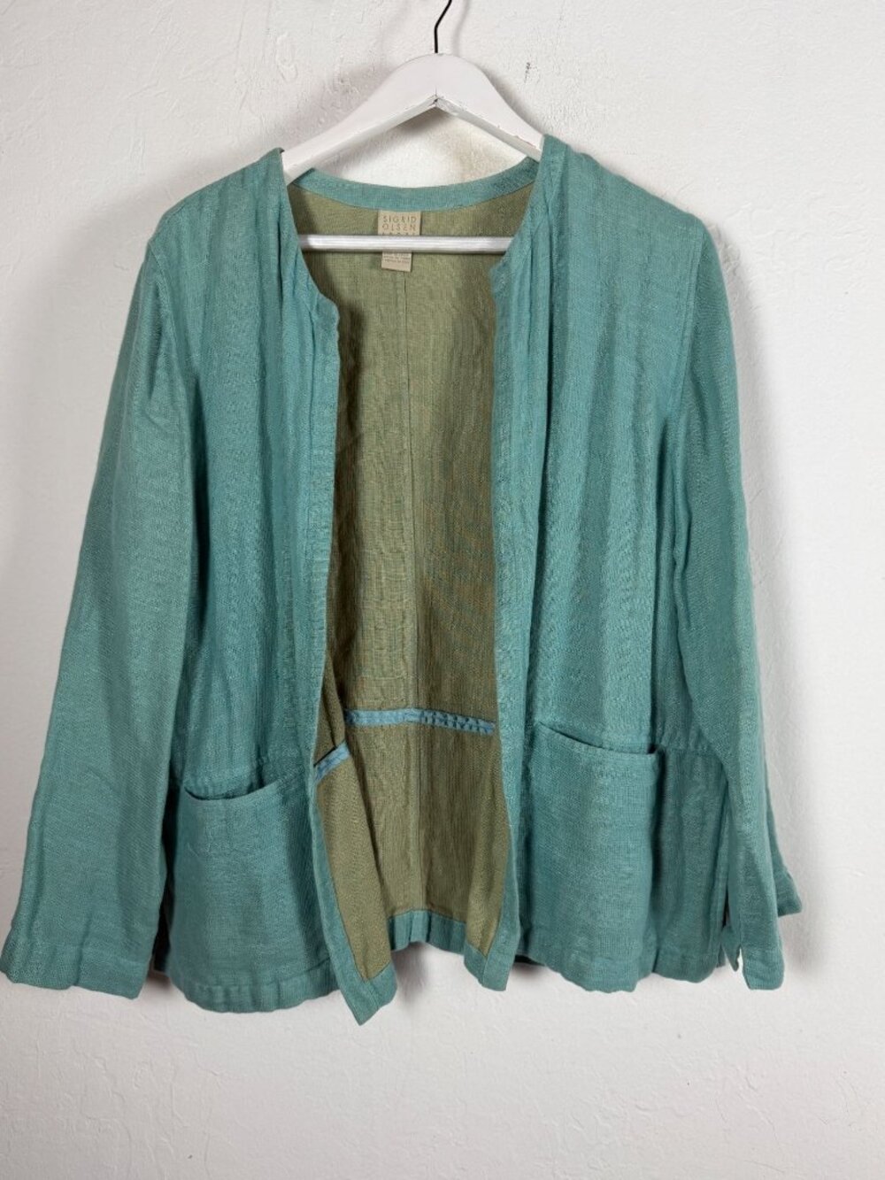 Sigrid Olsen Sport Womens Teal Green Linen Cotton Open Front Cardigan Pockets